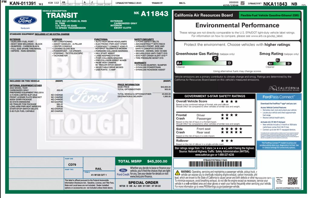 2022 FORD TRANSIT 350 PASSENGER VAN PASSENGER V6, FLEX FUEL, 3.5 LITER XL W/LOW ROOF VAN 3D