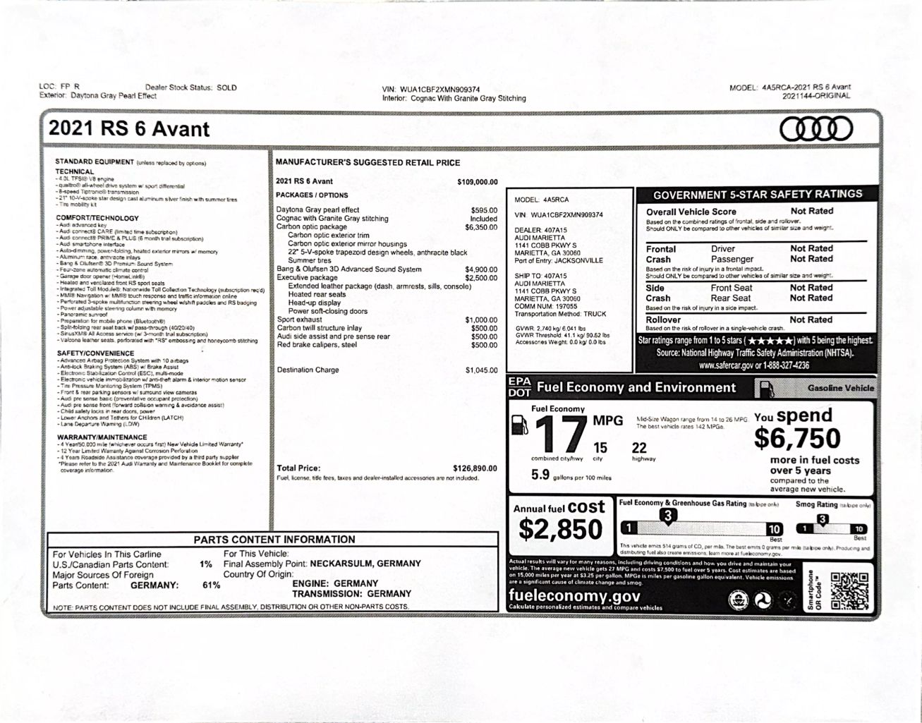 Used 2021 Audi RS 6 Avant Base with VIN WUA1CBF2XMN909374 for sale in Tempe, AZ