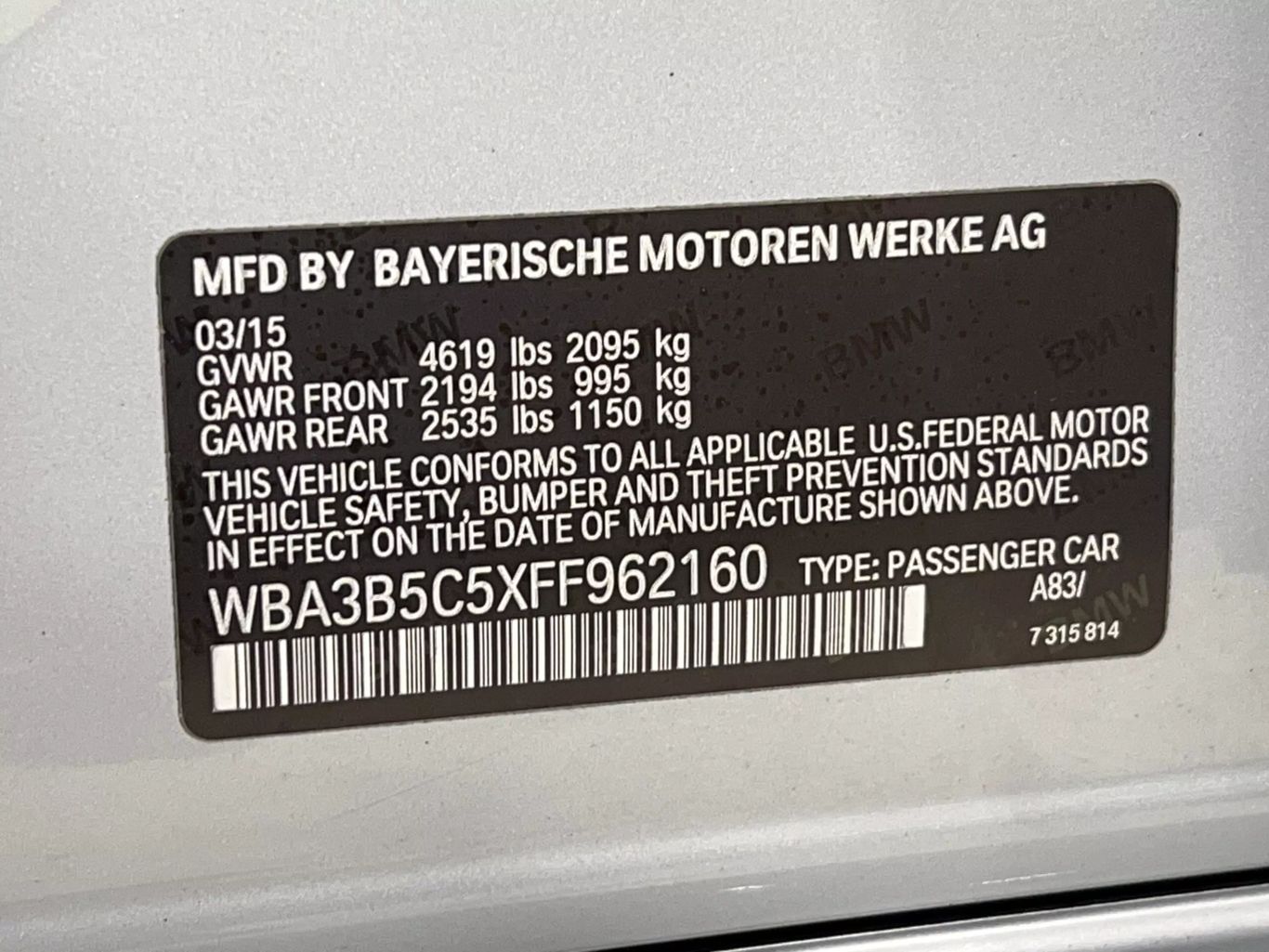 2015 BMW 3 SERIES SEDAN 4-CYL, TURBO, 2.0 LITER 328I XDRIVE SEDAN 4D