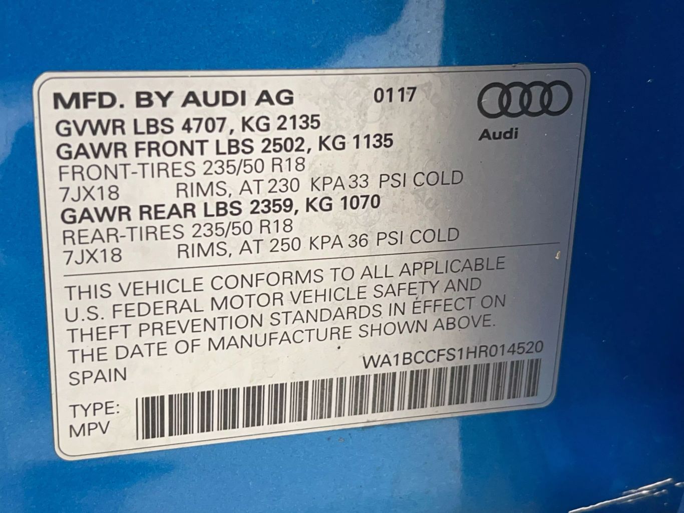2017 AUDI Q3 SUV 4-CYL, TURBO, 2.0 LITER PREMIUM SPORT UTILITY 4D