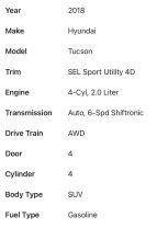 2018 HYUNDAI TUCSON SUV 4-CYL, 2.0 LITER SEL SPORT UTILITY 4D