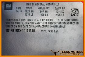 2016 CHEVROLET CAMARO COUPE V6, 3.6 LITER LT COUPE 2D