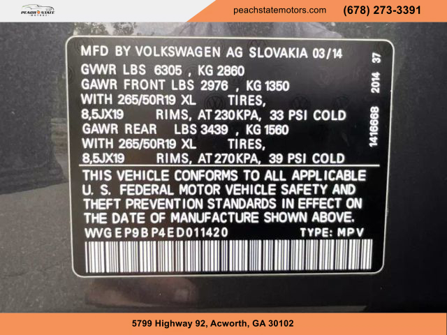2014 VOLKSWAGEN TOUAREG SUV GRAY AUTOMATIC - Peach State Motors
