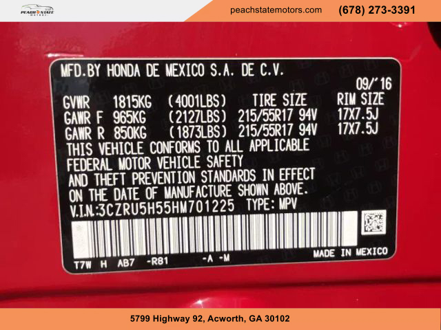 2017 HONDA HR-V SUV RED AUTOMATIC - Peach State Motors