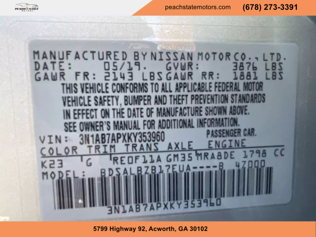 2019 NISSAN SENTRA SEDAN SILVER AUTOMATIC - Peach State Motors