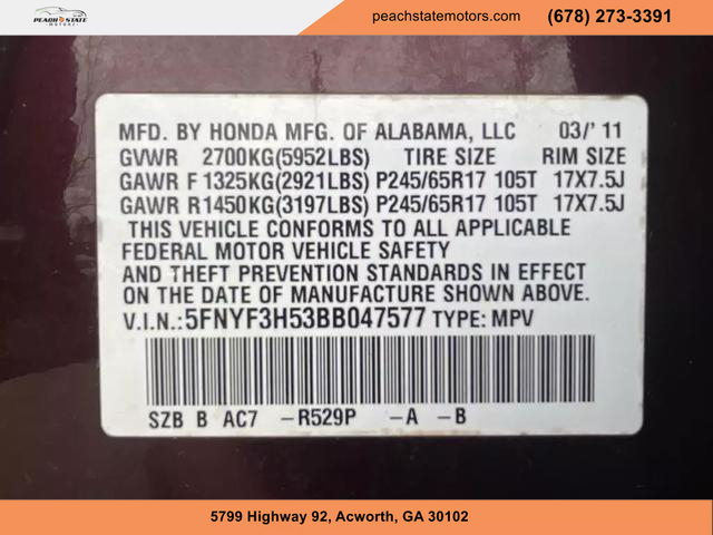 2011 HONDA PILOT SUV MAROON AUTOMATIC - Peach State Motors