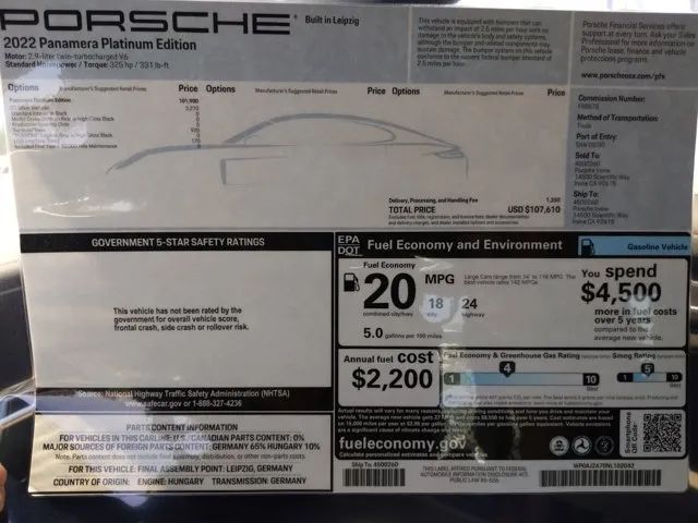 2022 PORSCHE PANAMERA PLATINUM EDITION SEDAN 4D